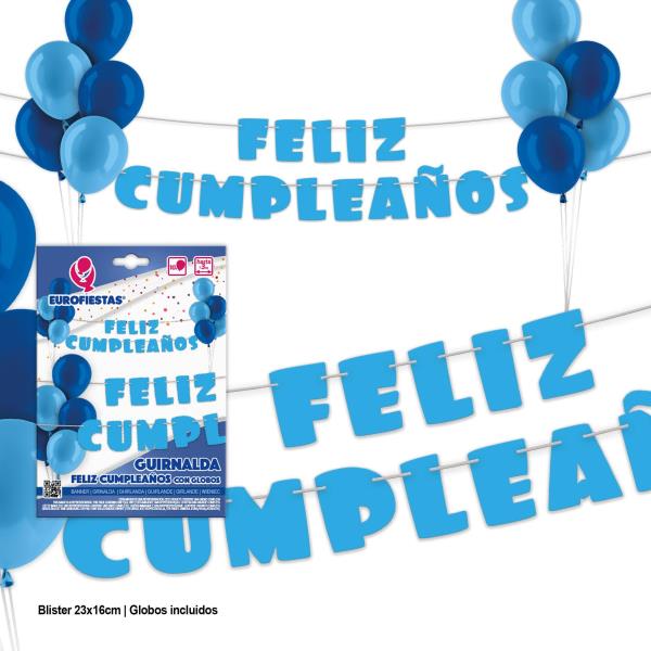 Guirnalda Aviso Feliz cumpleaños, en color azul con brillo espejo